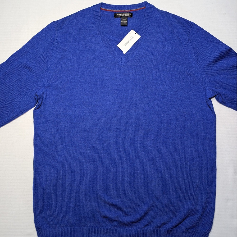 Banana Republic Men L Merino Wool V-Neck Sweater Blue Long Sleeve Lined Trim